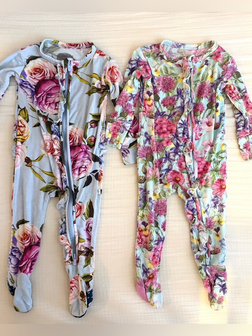 Posh Peanut Ruffled Zipper Footie Pajamas BUNDLE- Floral Footie Pajamas 3-6 mo